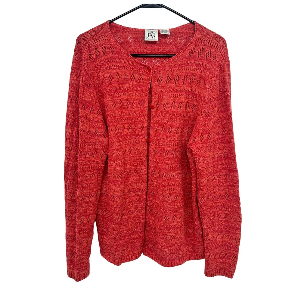 Linen Cotton‎ Open Knit Cardigan L Coral Button Front Coastal Cottagecore